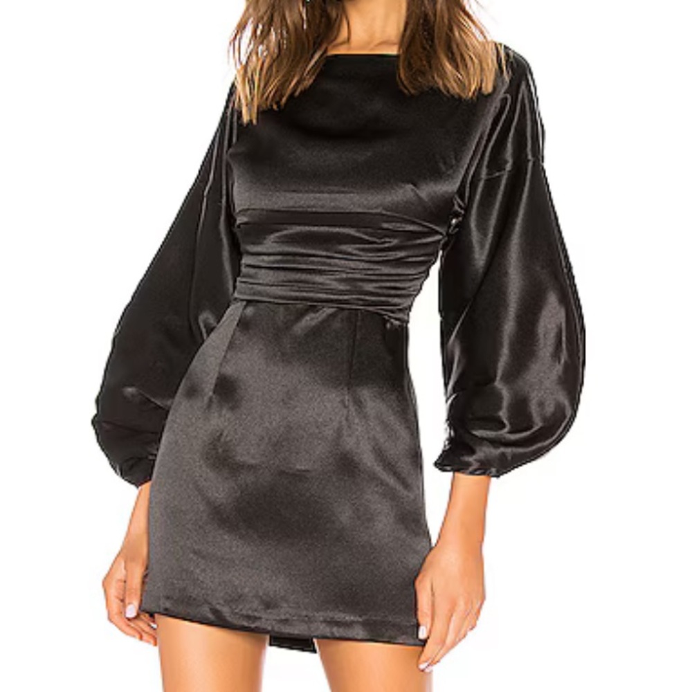 h:ours Black Satin Puff Sleeve Dress
